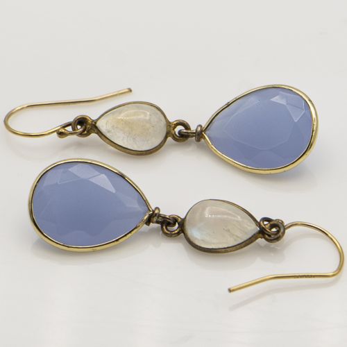 14K Gold Plated Moonstone and Chalcedony Earrings