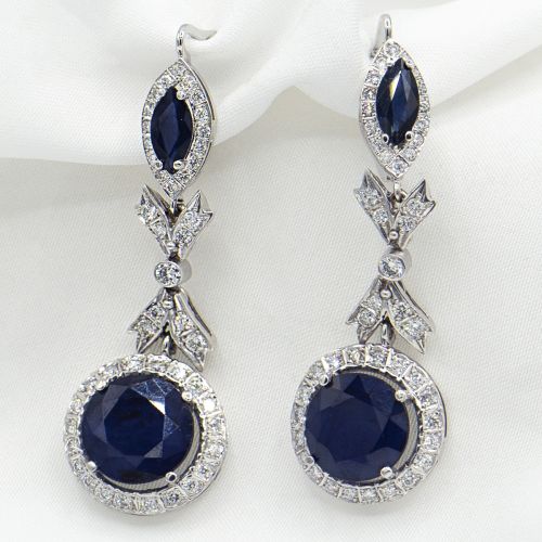 Elegant 585 White Gold Dangle Earrings with Natural Diamonds and Blue Sapphires
