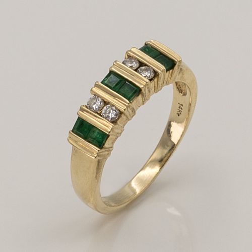 14K Tension Set Diamonds and Emeralds Ring