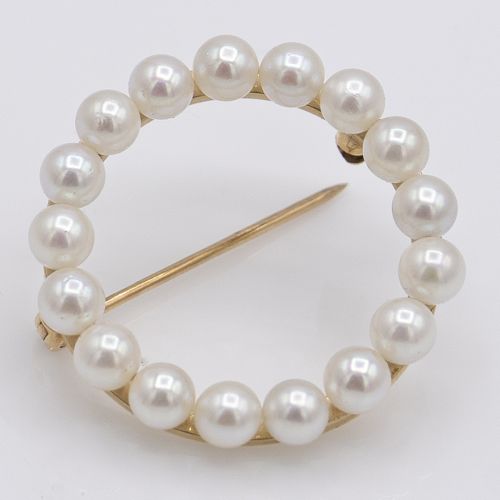 14k Yellow Gold Vintage Pearl Gold Round Brooch