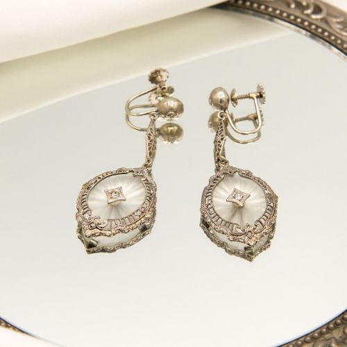 Antique Art Deco Style 10K White Gold Camphor Glass Earrings 