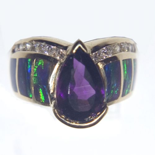 14K Gold Amethyst, Opal and Diamond Ring